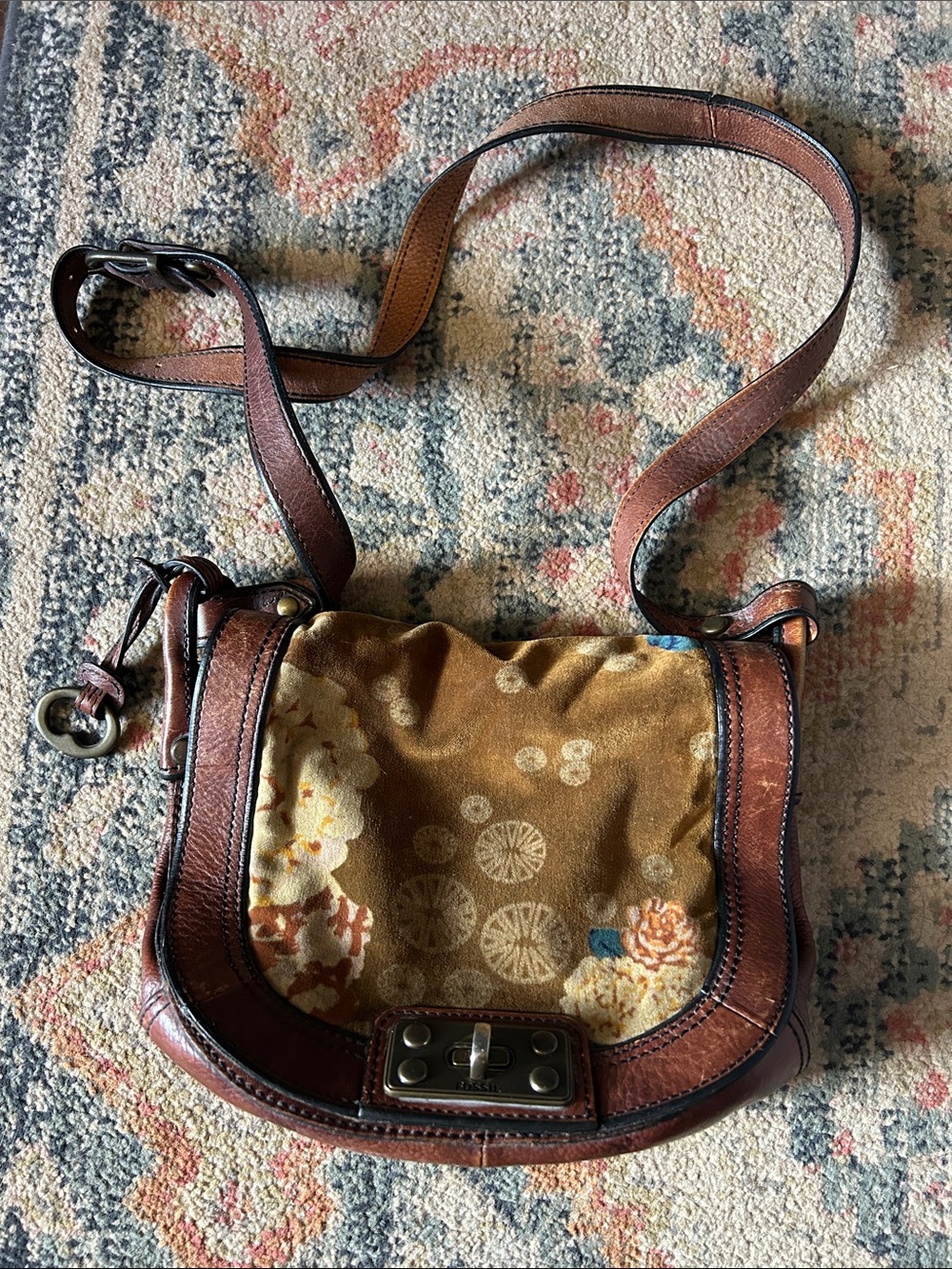 Fossil: Brown Floral Canvas & Leather Crossbody Bag